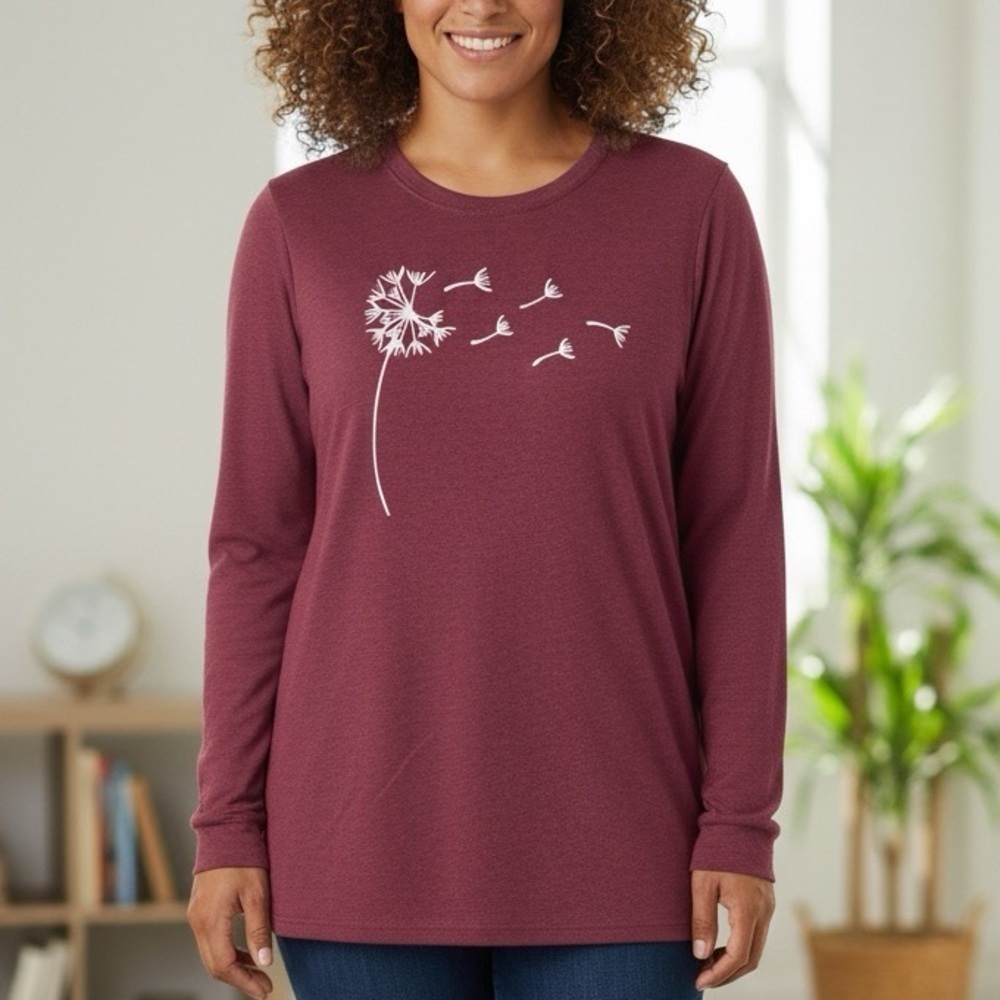 Whimsical Womens Dandelion Print long sleeve Heather Maroon 2XL NEW